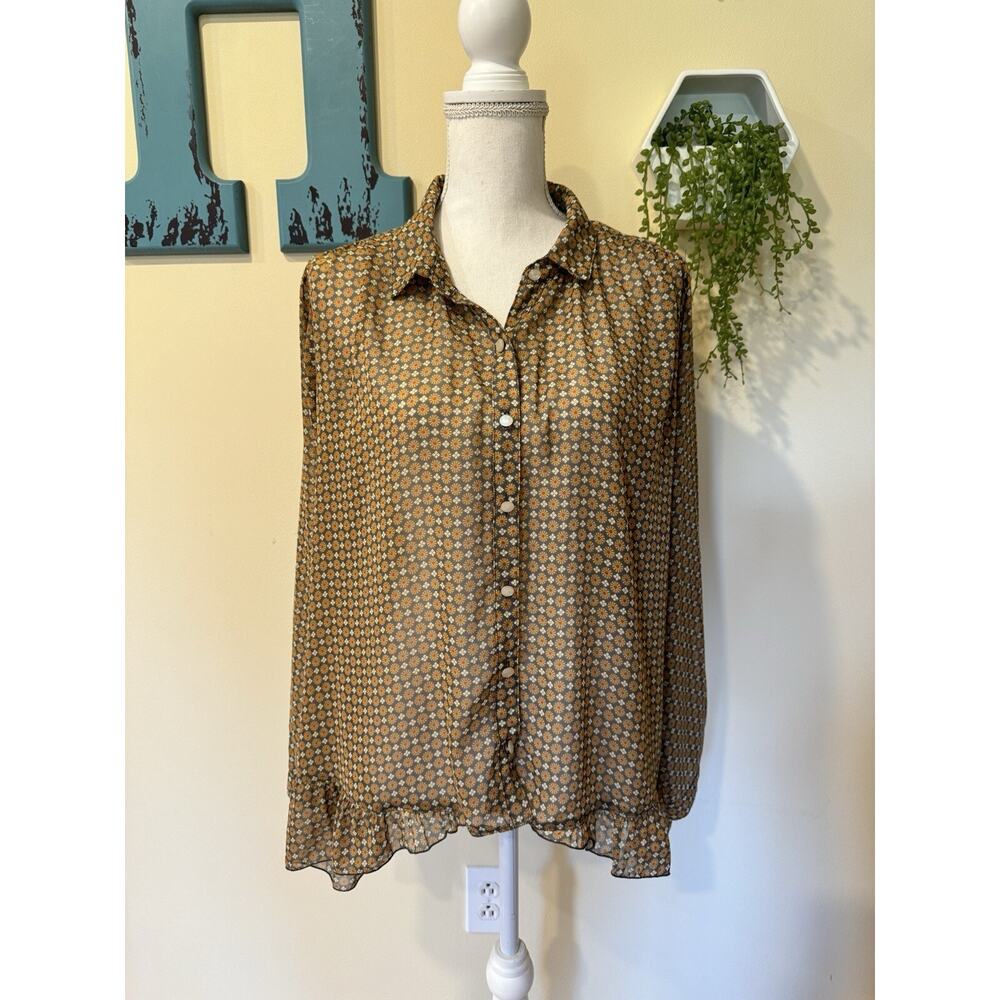 Ivy Jane Ruffle Hem Button Down Blouse Sheer Floral Geometric Print | Medium